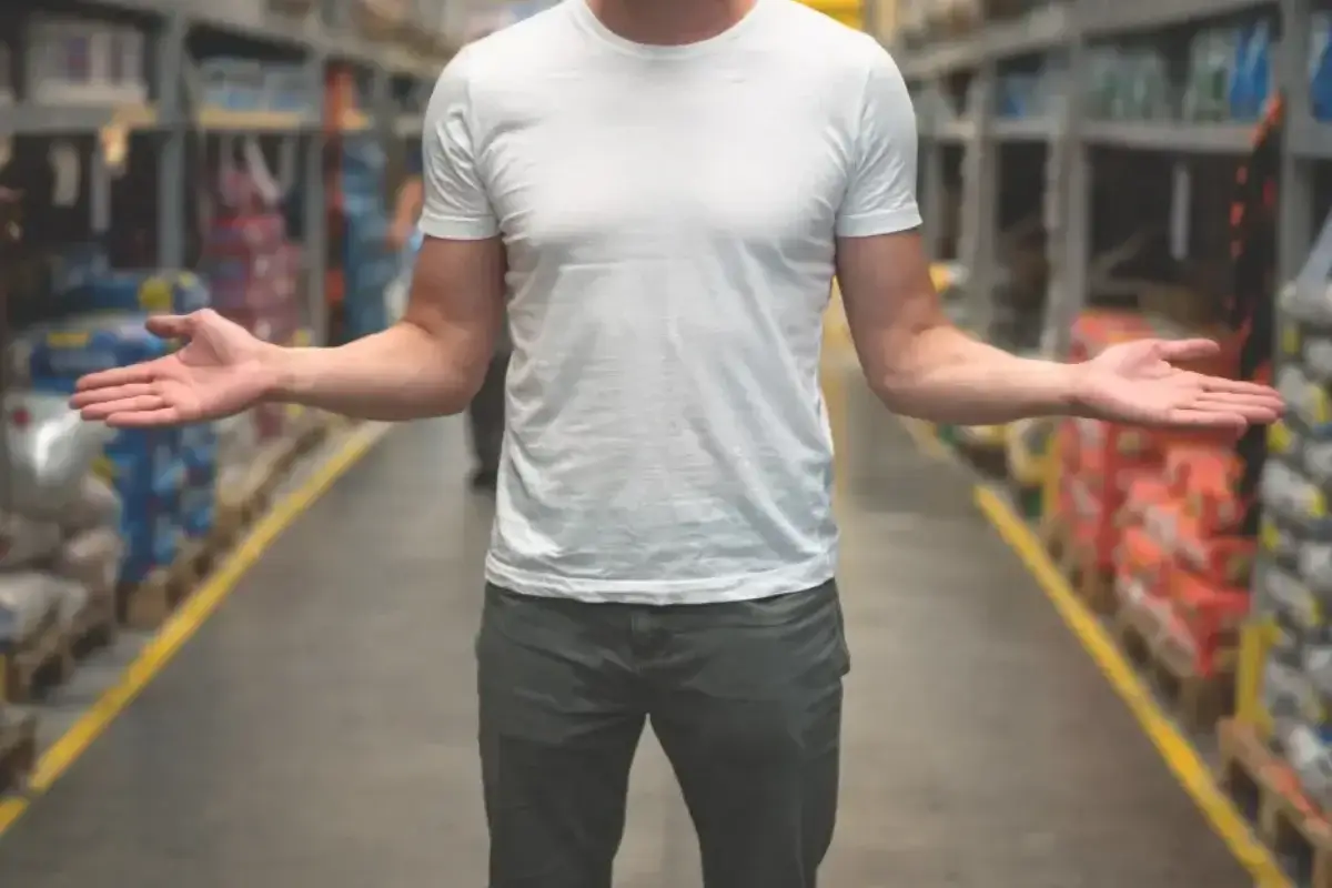 magazyn, mężczyzna w&nbsp;białej koszulce